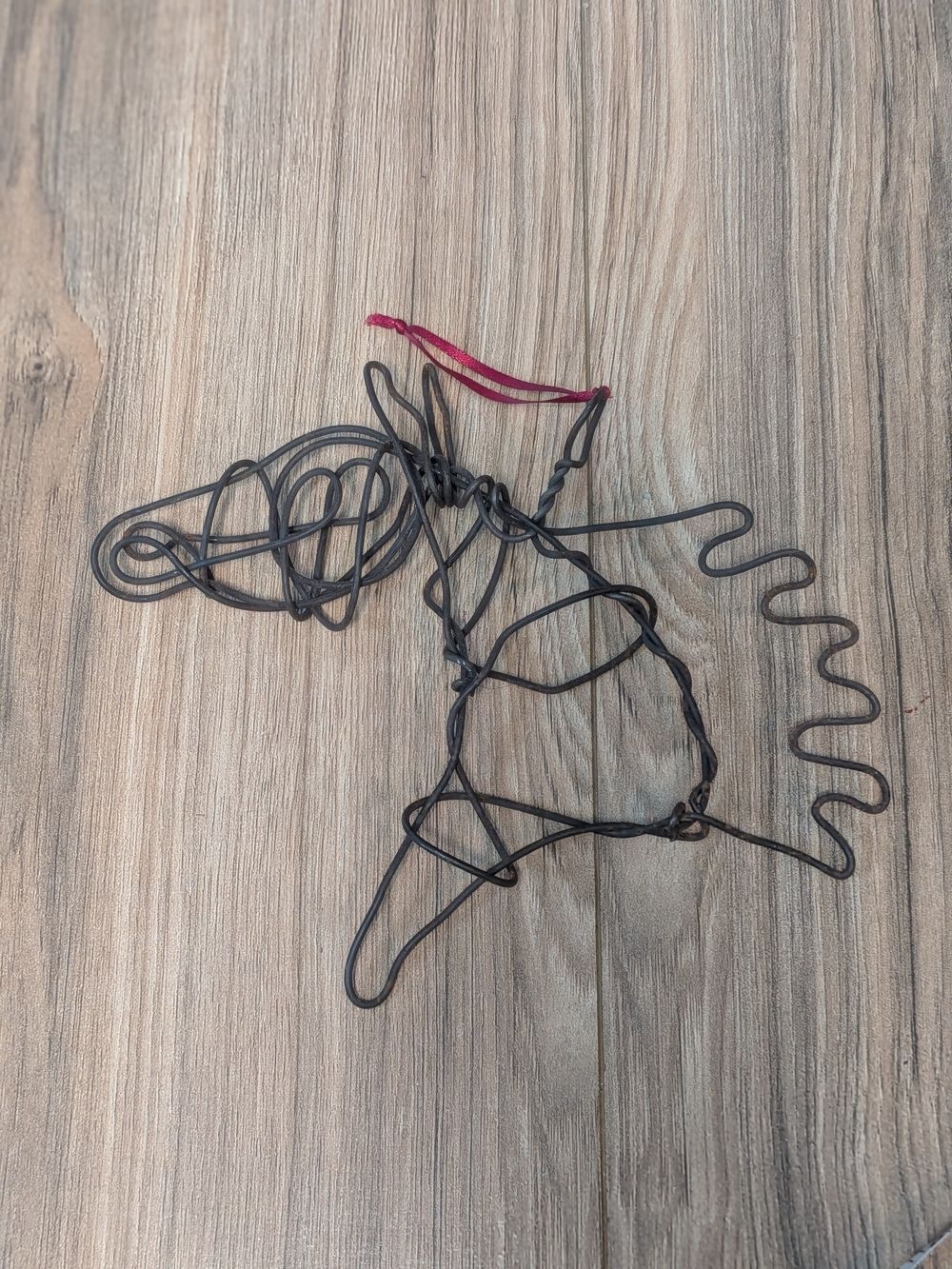 Wire Horse Ornament, Black with Rust and Red Ribbon